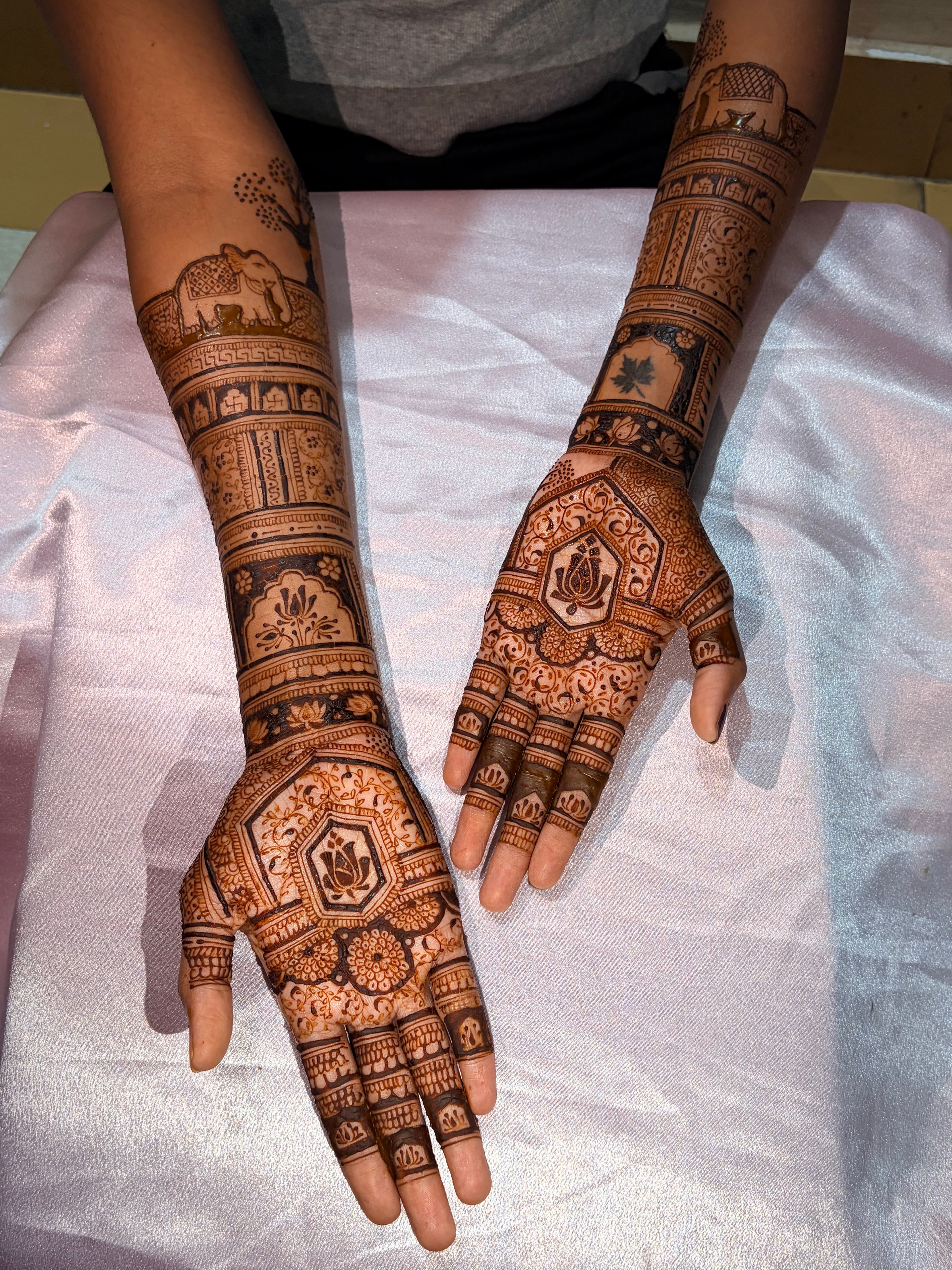 Royal elephant and lotus engagement mehendi design by Royal Hands By Dhanashree